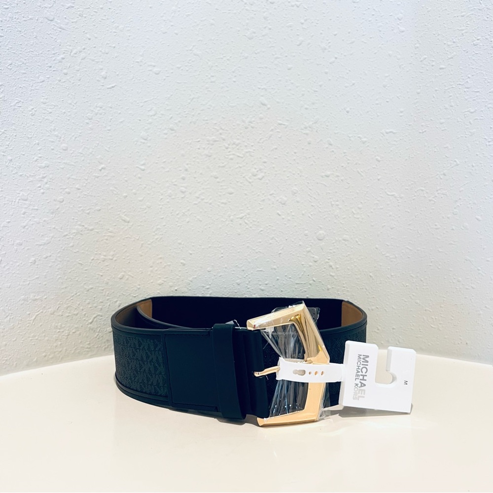 Michael Kors Women’s Signature Wide Elastic Vegan Leather Black Belt Size M NWT